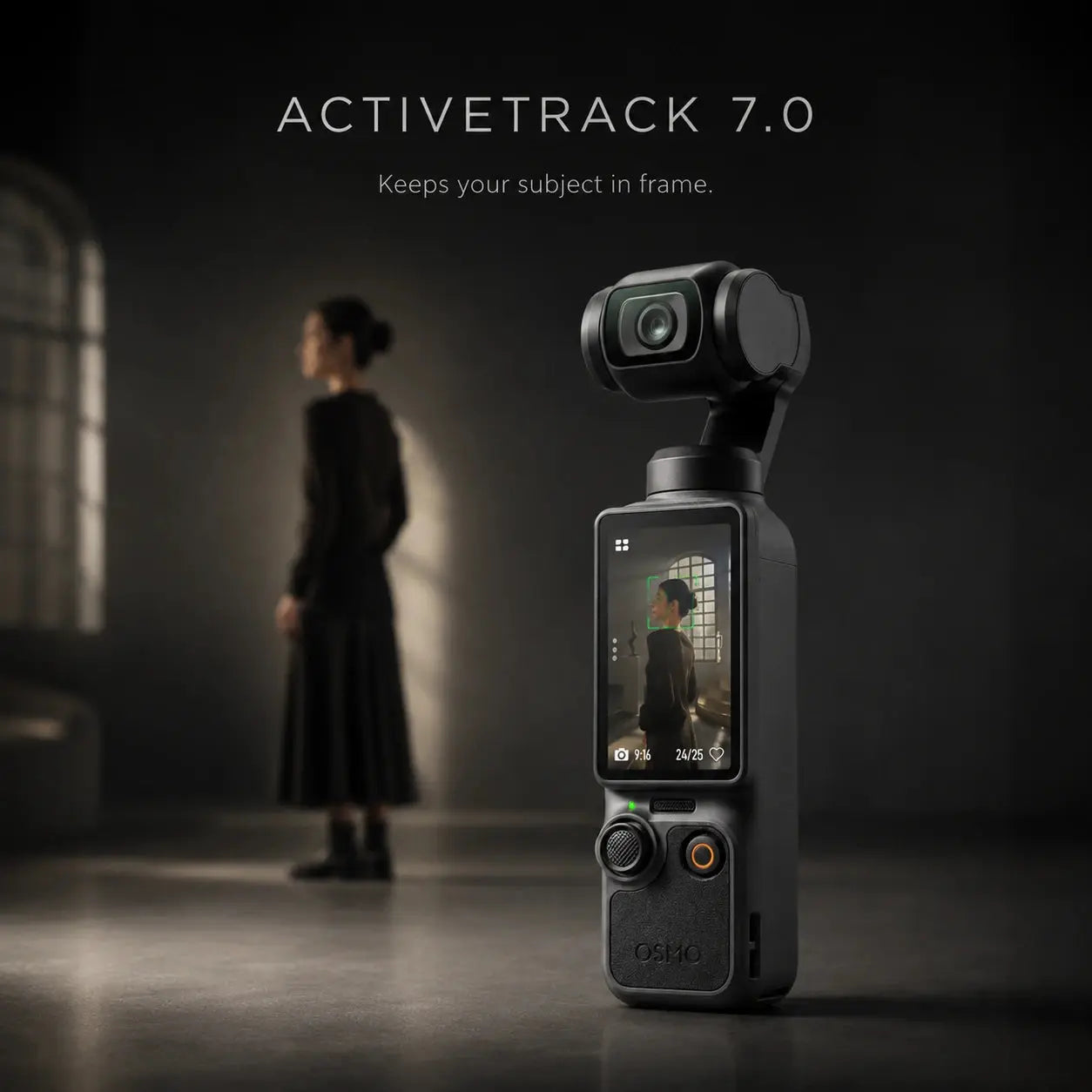 DJI Osmo Pocket 4 featuring ActiveTrack 7.0 for smart subject tracking in a modern lifestyle scene