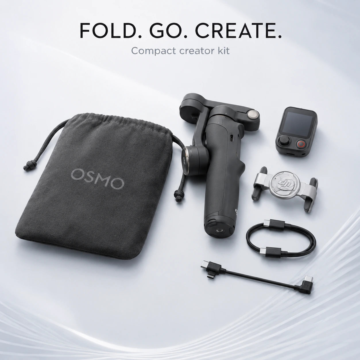 DJI Osmo Mobile 8P Standard Combo flat lay with carry pouch, cables, phone clamp and detachable module at Gadgets Online NZ LTD