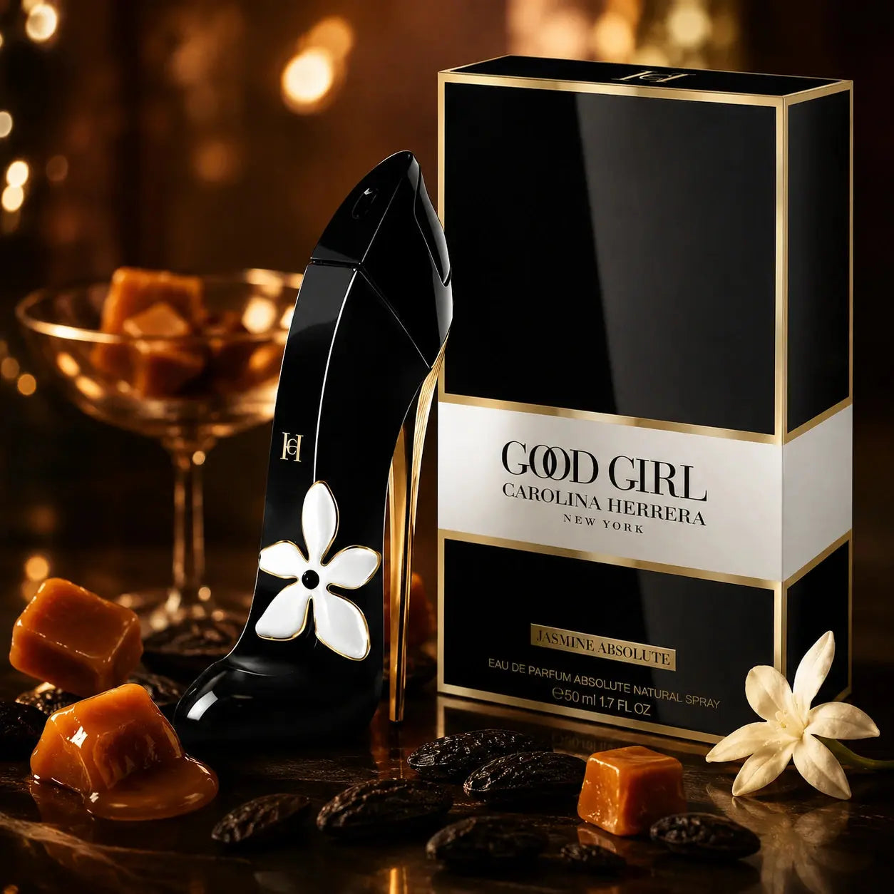 Carolina Herrera Good Girl Jasmine Absolute EDP 50ml base notes image with toffee and tonka bean at Gadgets Online NZ