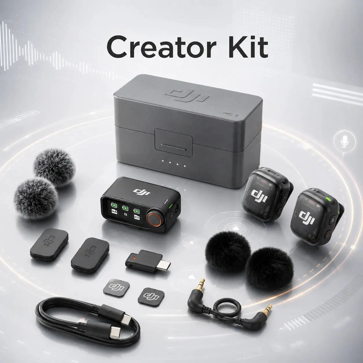 DJI Creator Kit with various electronic devices on a white background