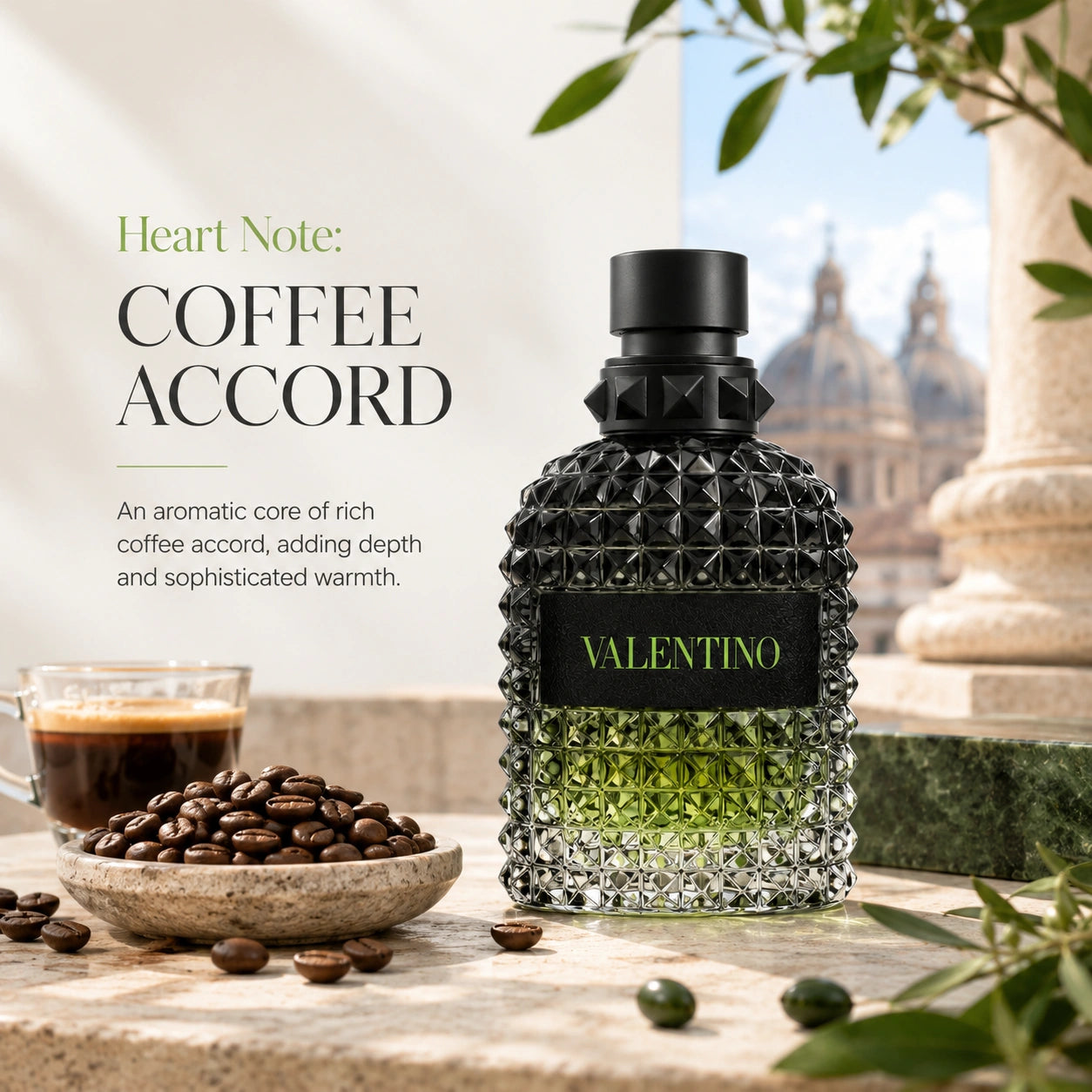 Valentino Uomo Born In Roma Green Stravaganza EDT heart note image with coffee accord at Gadgets Online NZ