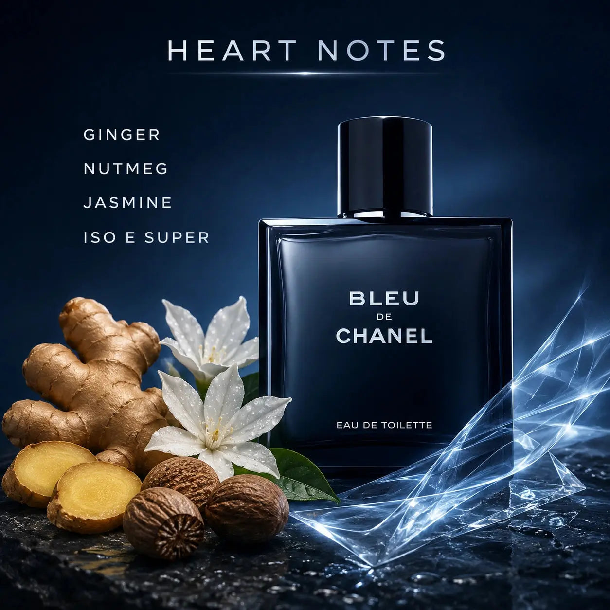 Chanel Bleu De Chanel heart notes image with ginger, nutmeg, jasmine and Iso E Super at Gadgets Online NZ