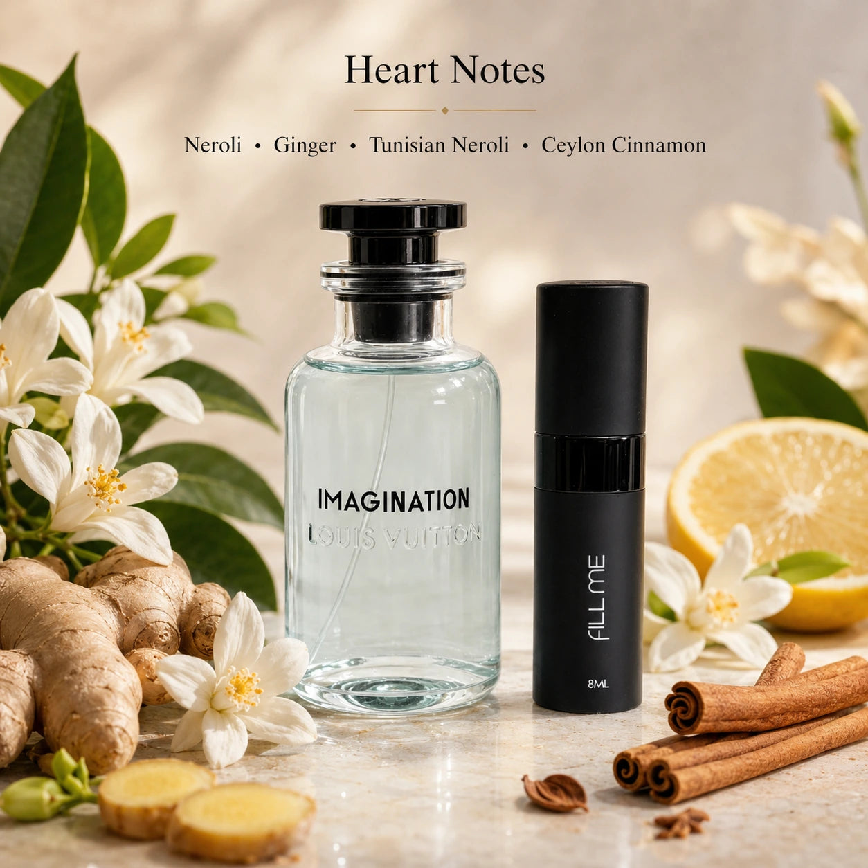 Louis Vuitton Imagination decant heart notes image with neroli, ginger, Tunisian neroli, and Ceylon cinnamon beside the 8ml Fill Me atomiser.