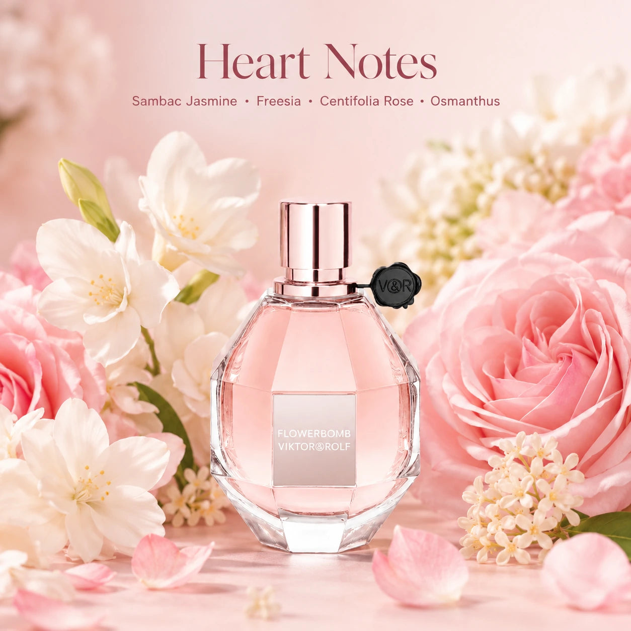 Viktor & Rolf Flowerbomb EDP 30ml heart notes image with sambac jasmine, freesia, centifolia rose and osmanthus around the Flowerbomb bottle.