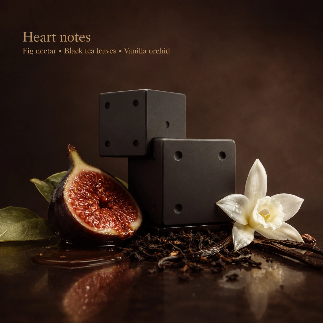 Alt text: Billie Eilish Your Turn II heart notes perfume image with fig nectar, black tea leaves, and vanilla orchid.