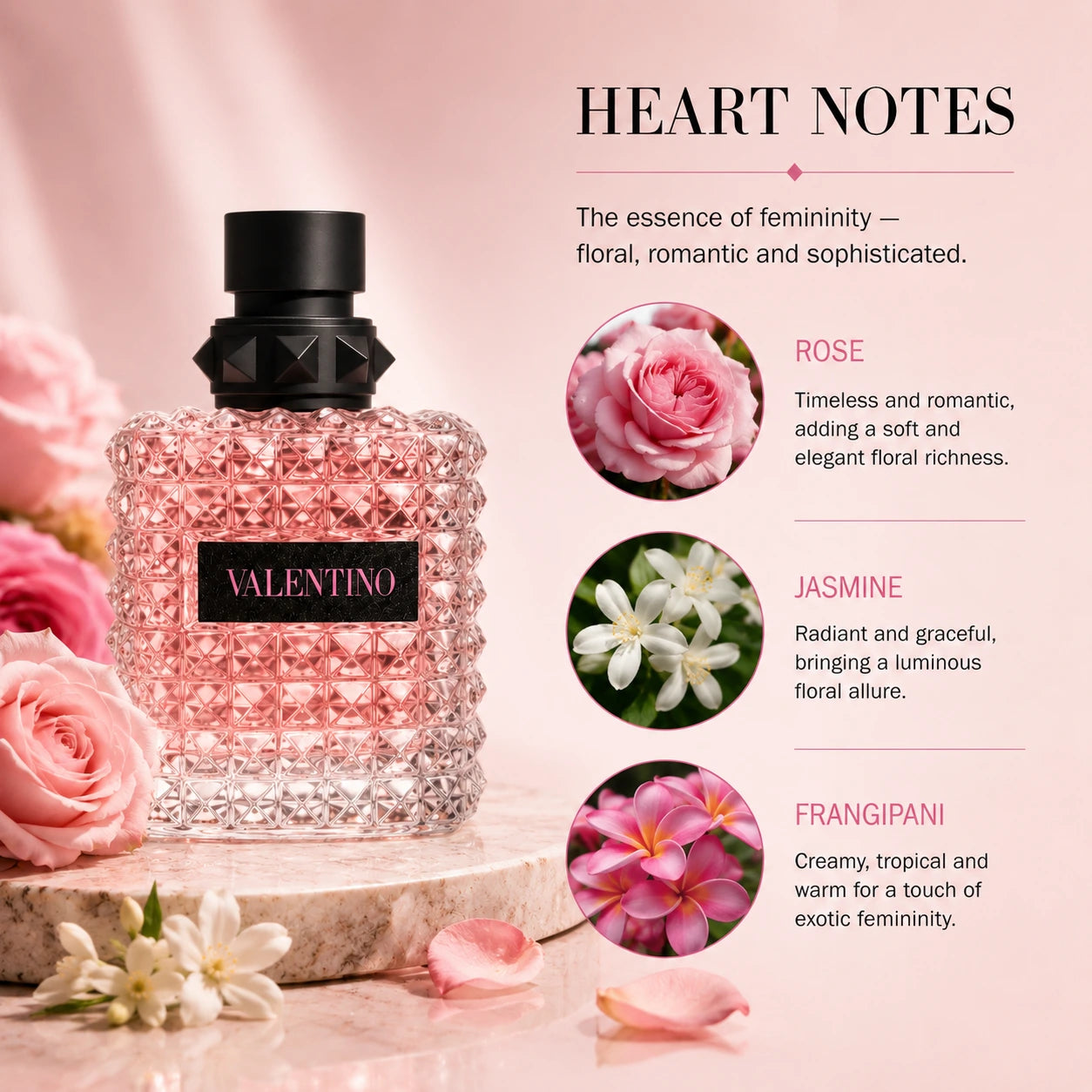 Valentino Donna Born In Roma EDP heart notes rose jasmine frangipani perfume education image