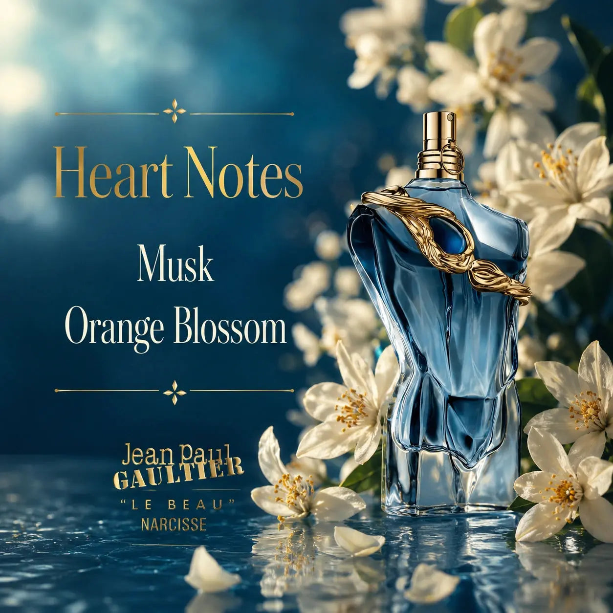 Jean Paul Gaultier Le Beau Narcisse EDP 75ml heart notes image showing musk and orange blossom at Gadgets Online NZ