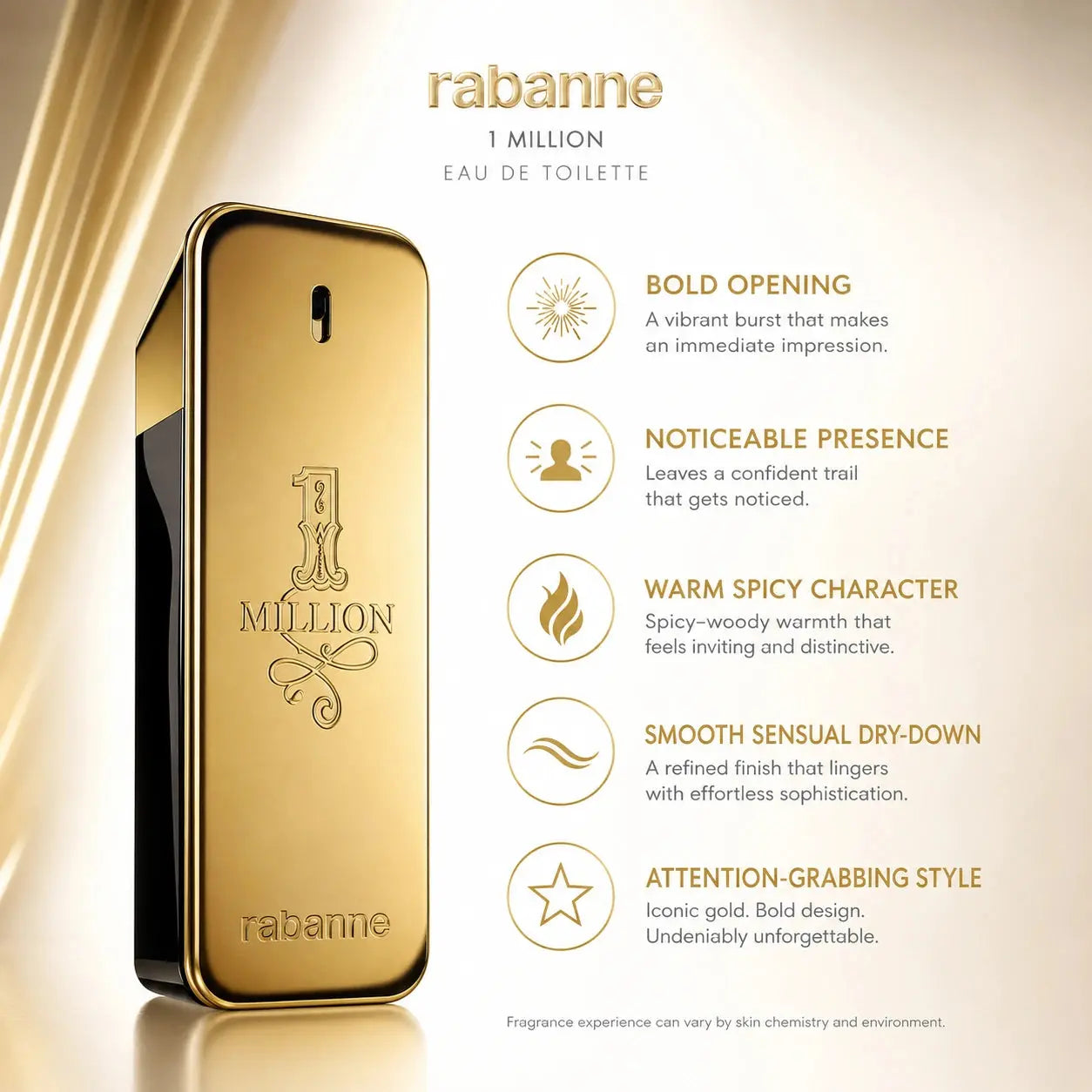 Gold perfume bottle with Rabanne branding and product features on a beige background
