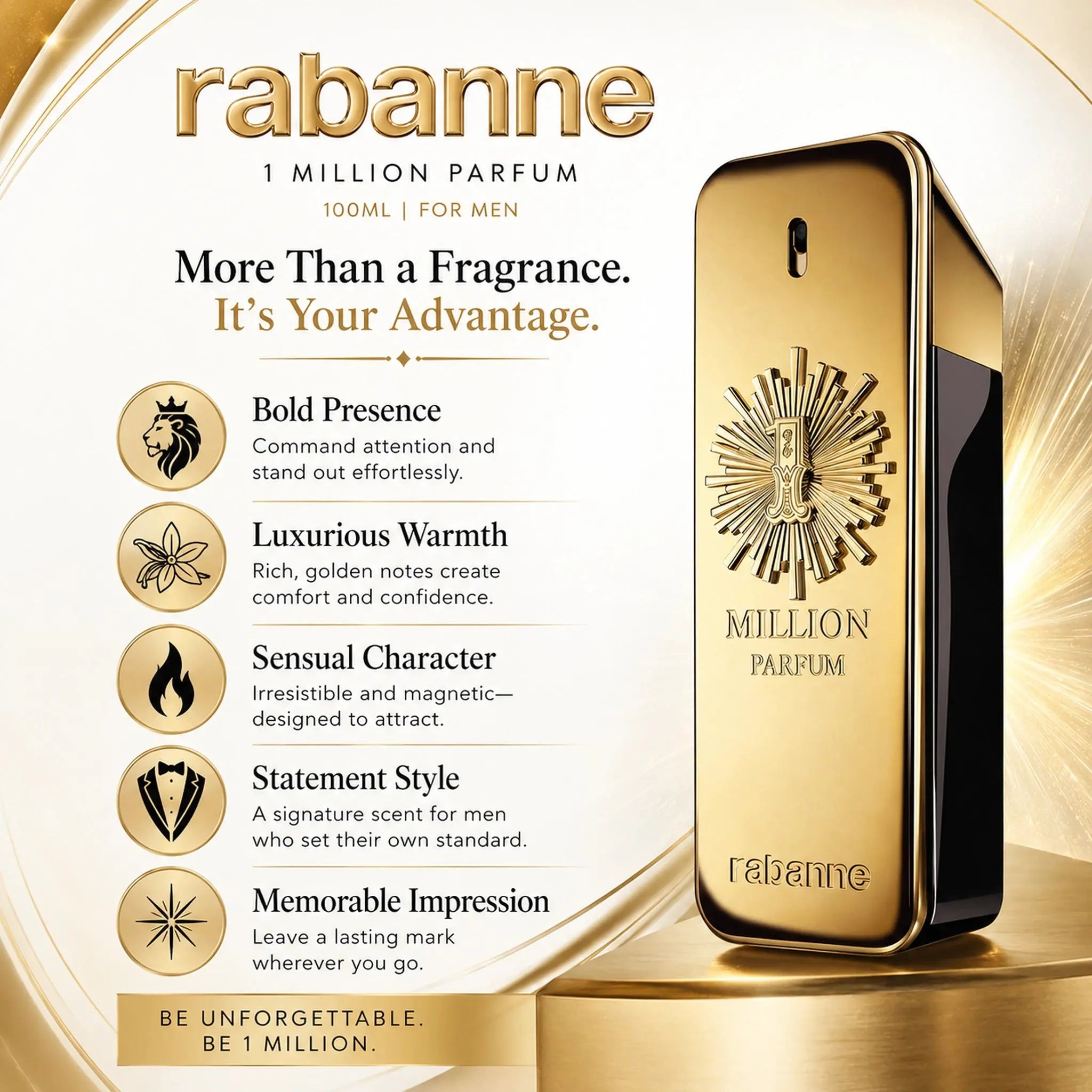 Rabanne 1 Million perfume bottle with brand name and product details on a gold background
