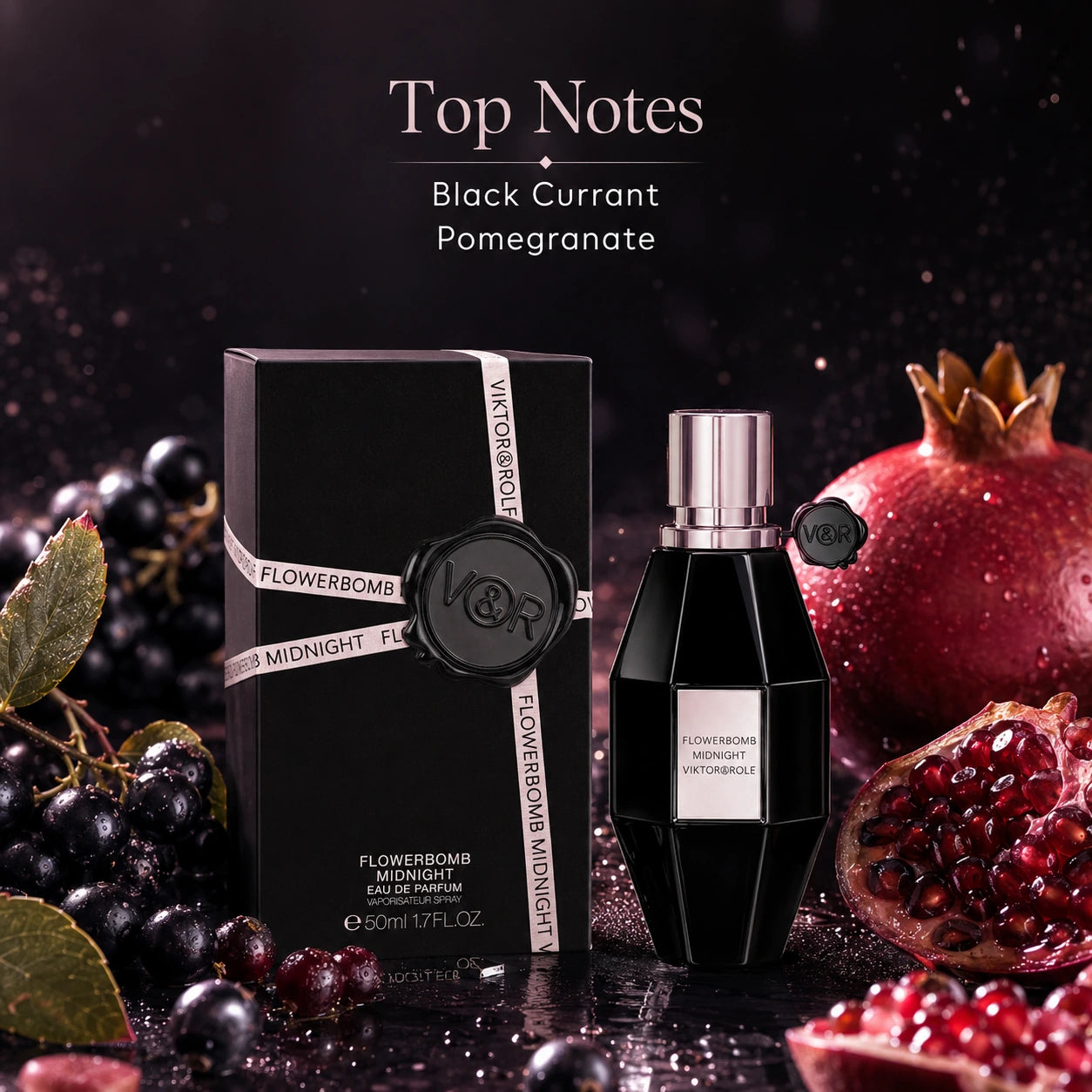 Viktor & Rolf Flowerbomb Midnight perfume with black currants and pomegranate on a dark background