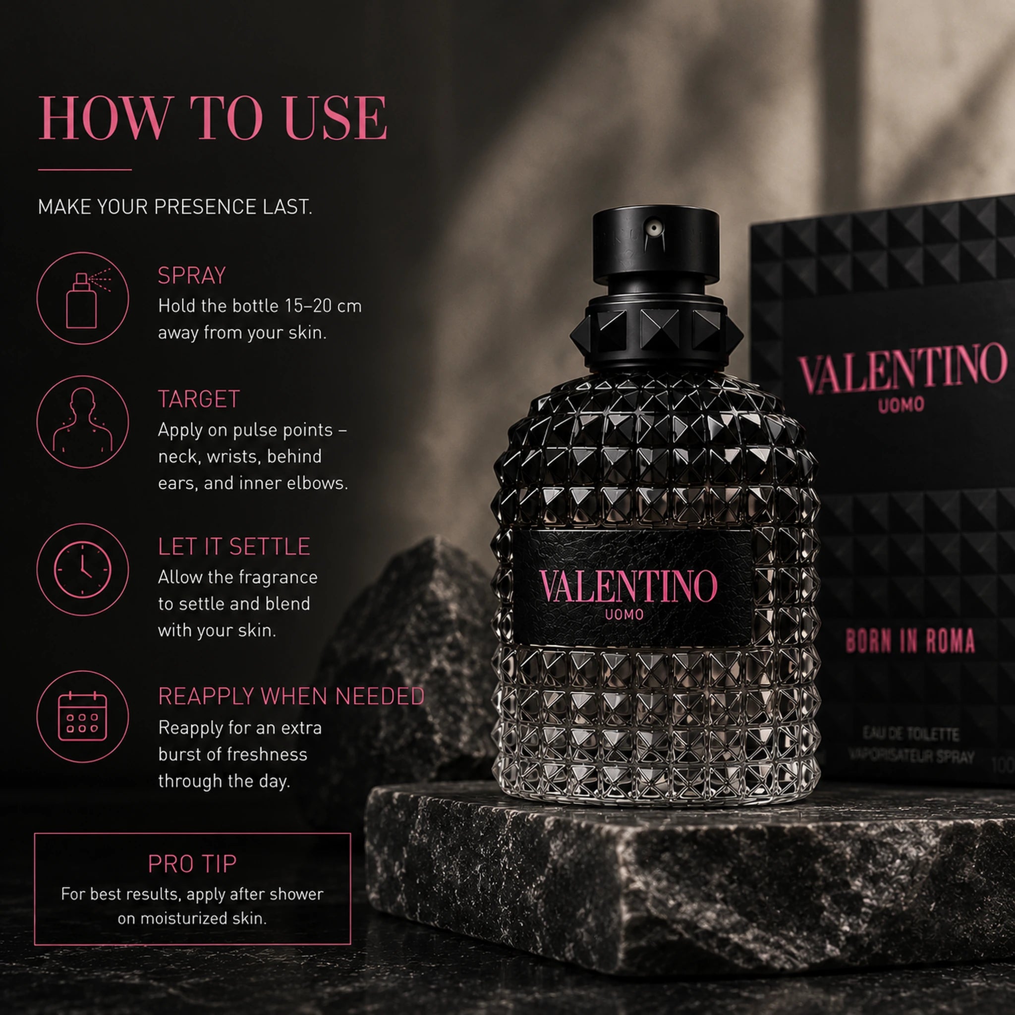 Valentino Uomo Born In Roma EDT Men how to use fragrance guide image at Gadgets Online NZ