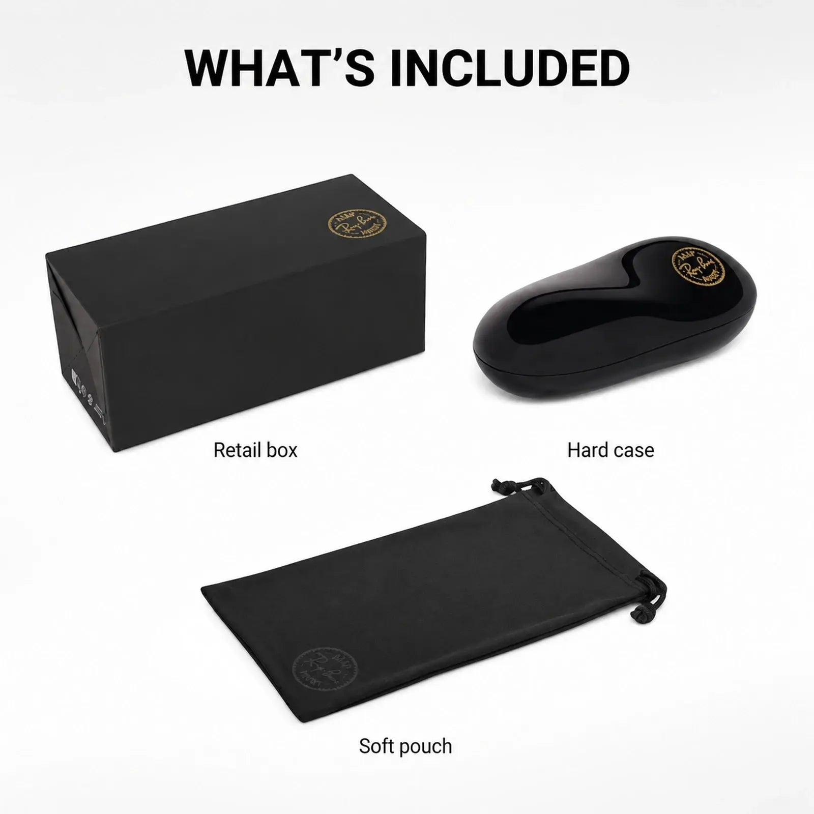 Black retail box, hard case, and soft pouch with a brand logo on a white background.