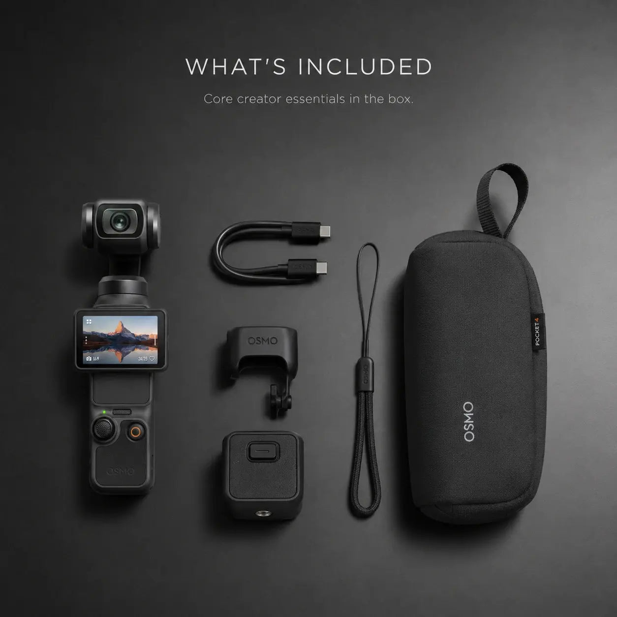 DJI Osmo Pocket 4 box contents and included accessories displayed in a clean flat lay arrangement