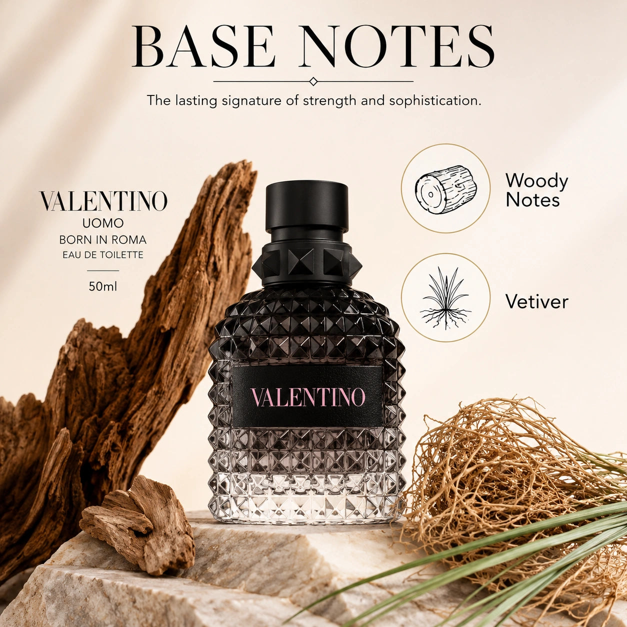 Valentino Uomo Born In Roma EDT 50ml base notes image with woody notes and vetiver at Gadgets Online NZ