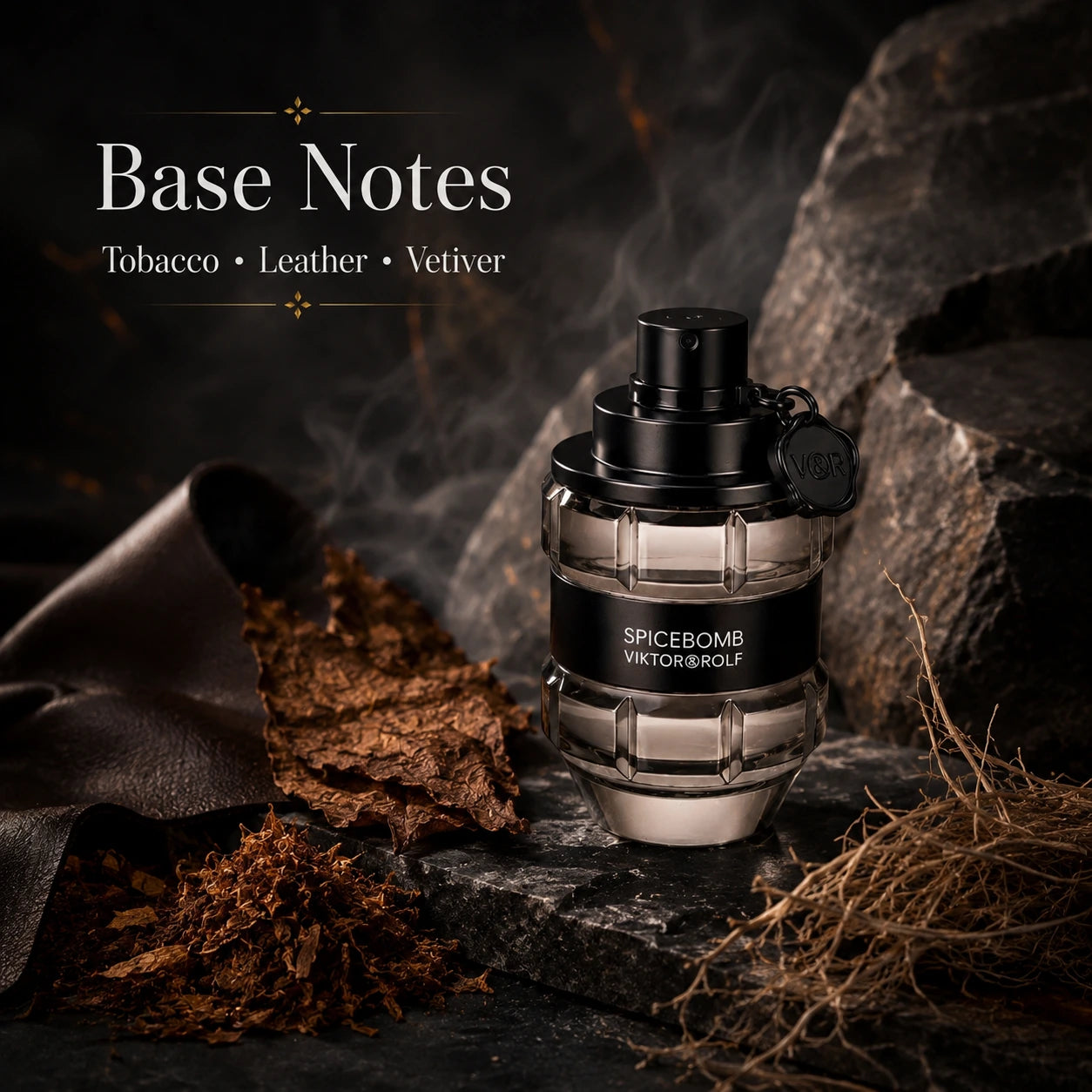 Base notes image for Viktor & Rolf Spicebomb EDT 90ml for men showing rich smoky depth with tobacco, leather and vetiver inspired styling.