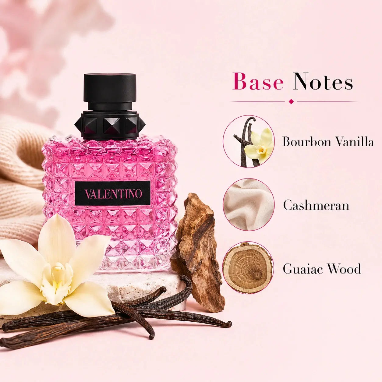 Valentino Donna Born In Roma base notes image with bourbon vanilla, cashmeran and guaiac wood at Gadgets Online NZ