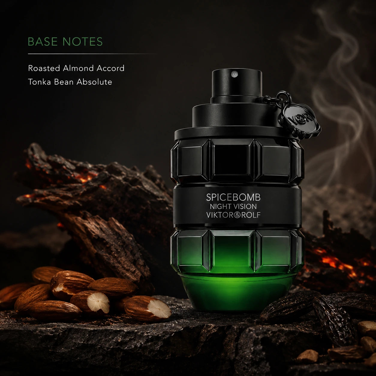 Viktor & Rolf Spicebomb Night Vision EDT 90ml base notes image with warm woody smoky styling.