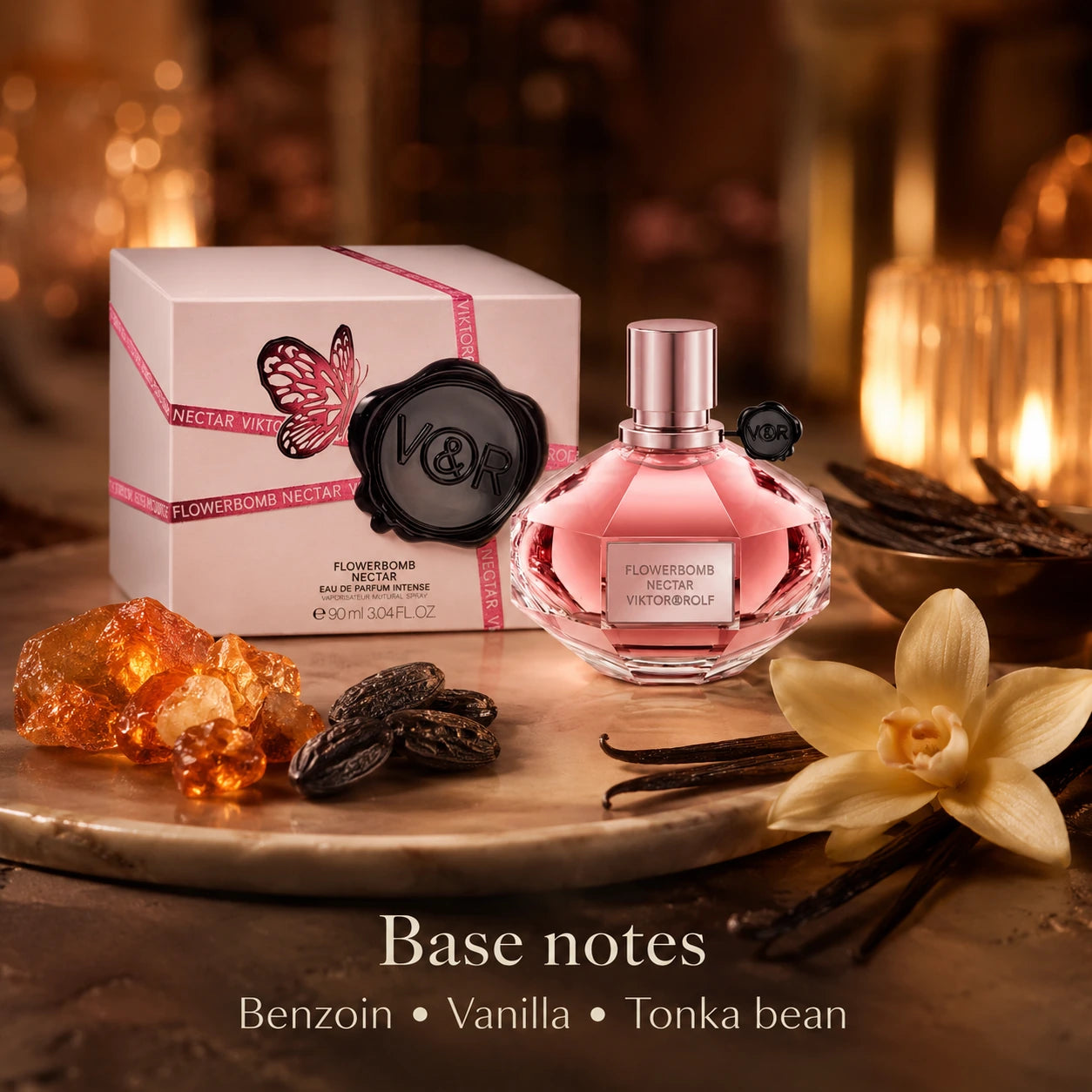 Viktor & Rolf Flowerbomb Nectar EDP 90ml base notes image with warm sensual luxury perfume styling, Gadgets Online NZ