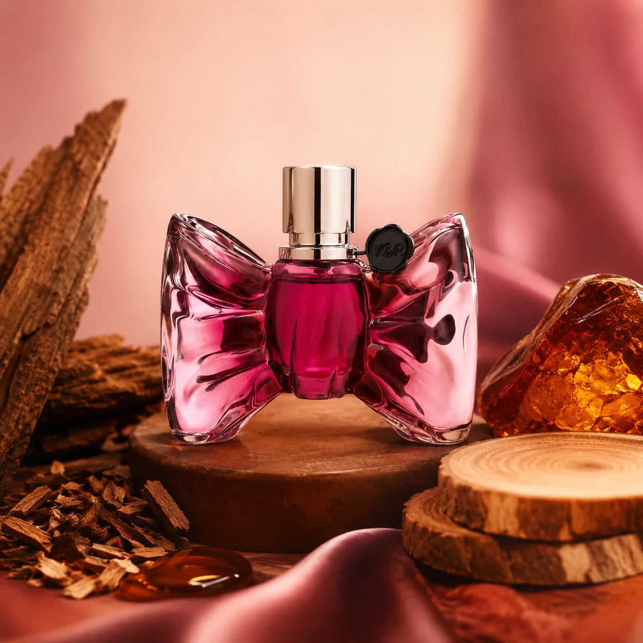 Viktor & Rolf Bonbon EDP 90ml base notes image with cedar, guaiac wood, sandalwood and amber styled around the original Bonbon perfume bottle in a warm sensual setting.