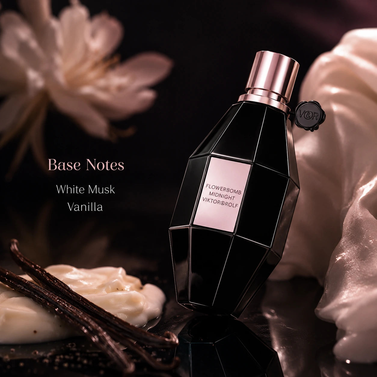 Viktor & Rolf Flowerbomb Midnight EDP 100ml base notes image with white musk and vanilla