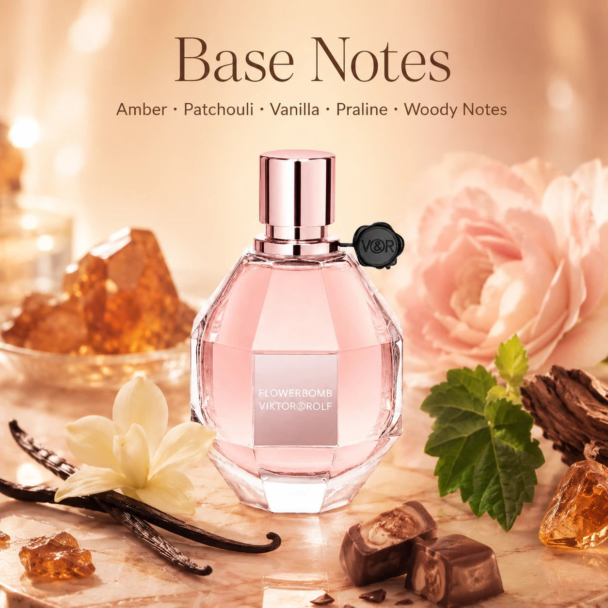 Viktor & Rolf Flowerbomb EDP 30ml base notes image with amber, patchouli, vanilla, praline and woody notes styled around the Flowerbomb bottle.