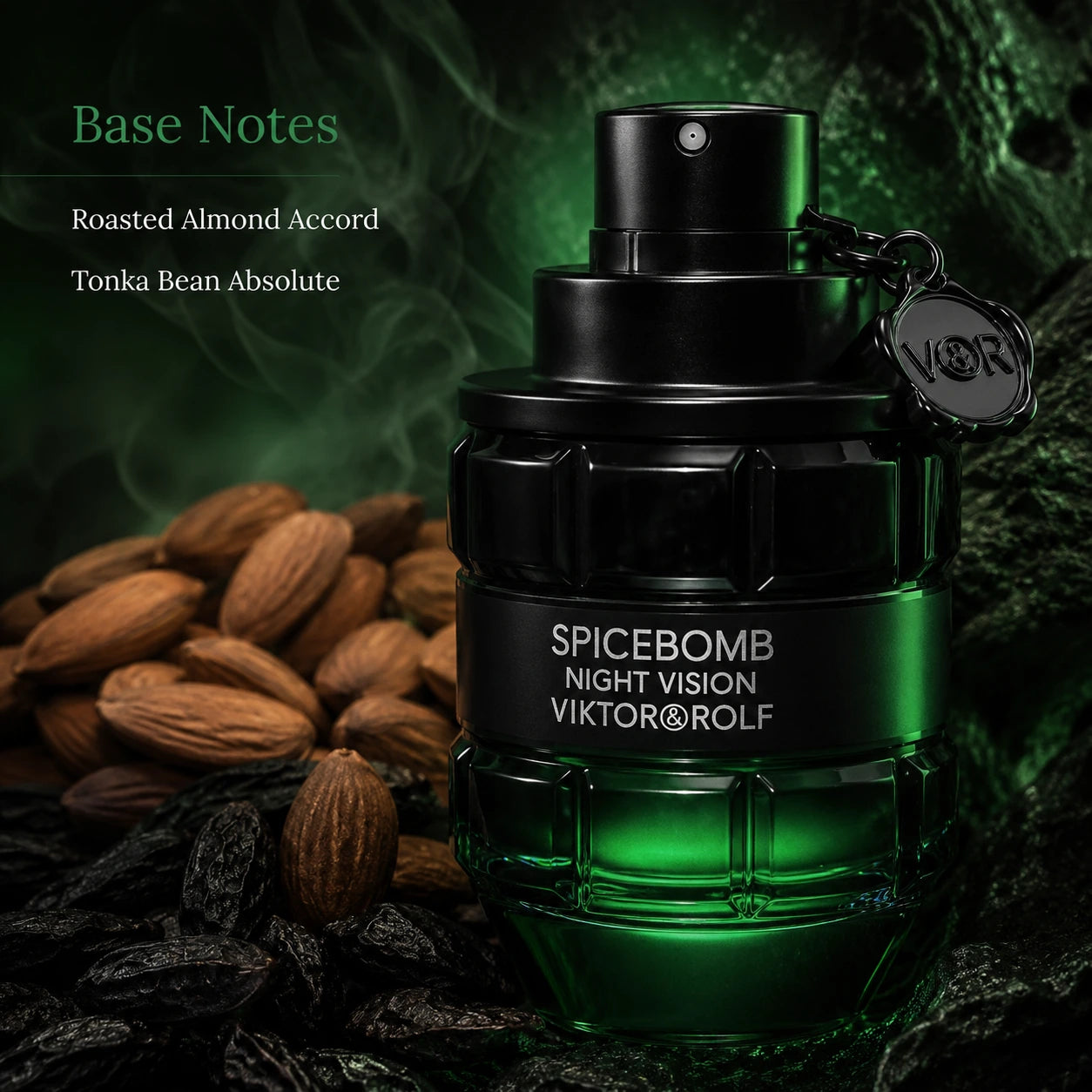 Viktor & Rolf Spicebomb Night Vision EDT 50ml base notes image with roasted almond accord and tonka bean absolute in a smoky green evening mood.