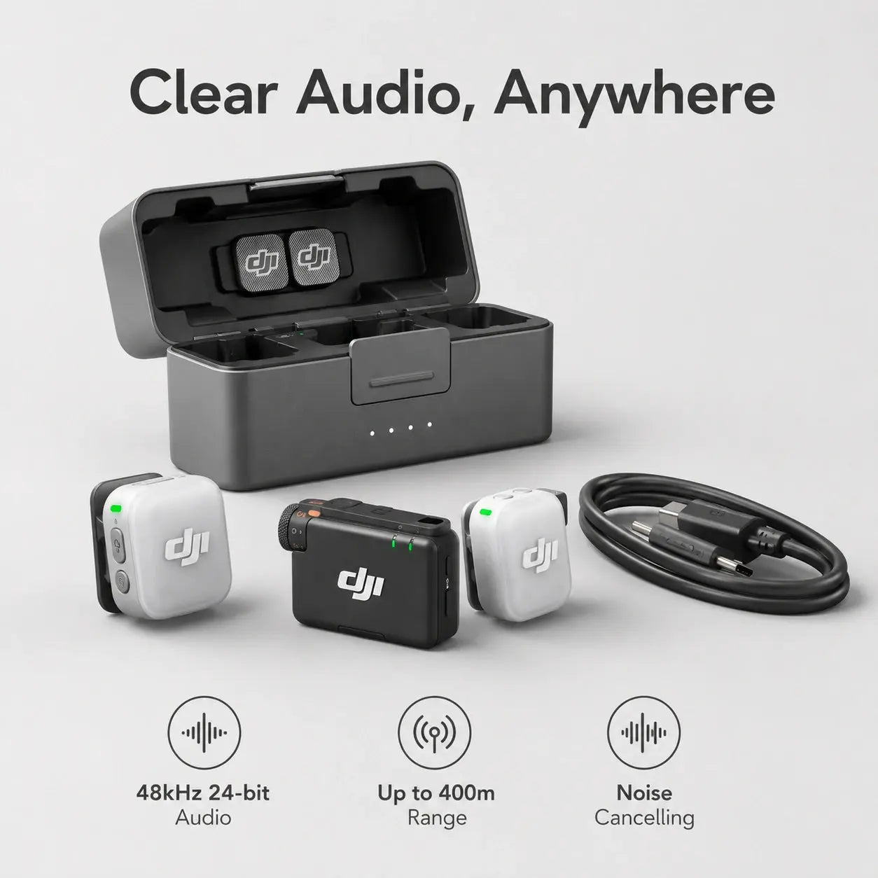 DJI Mic Mini 2 clear audio wireless microphone kit with 48kHz 24-bit audio and noise cancelling