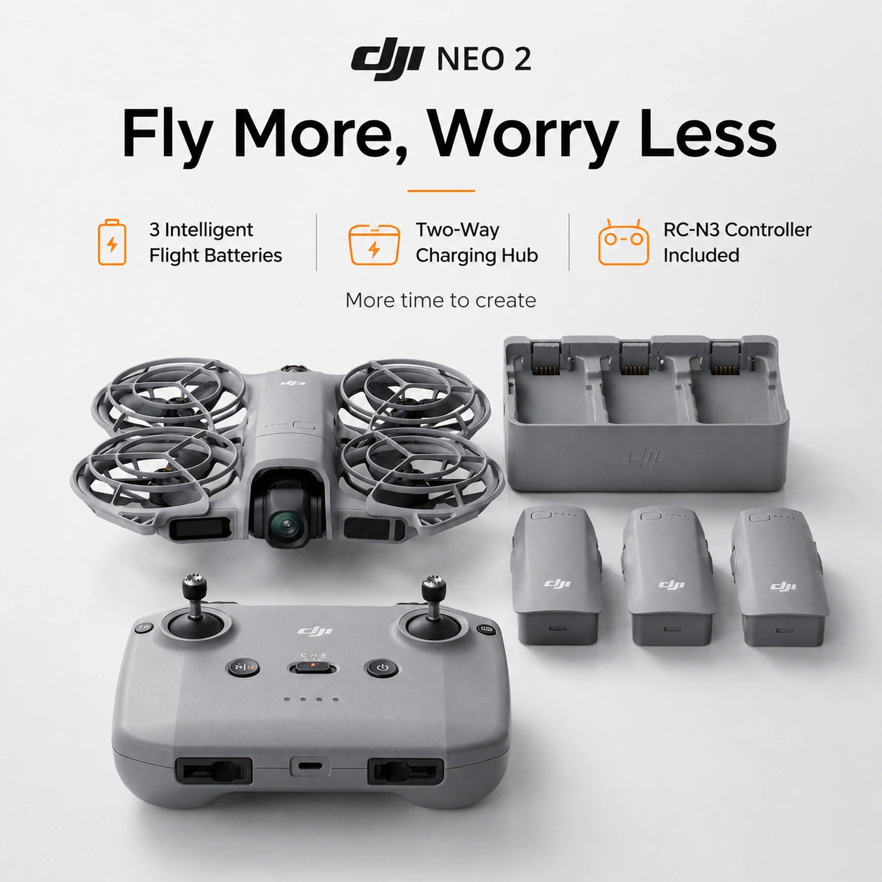 DJI Neo 2 Fly More Combo with three intelligent flight batteries charging hub and RC-N3 controller