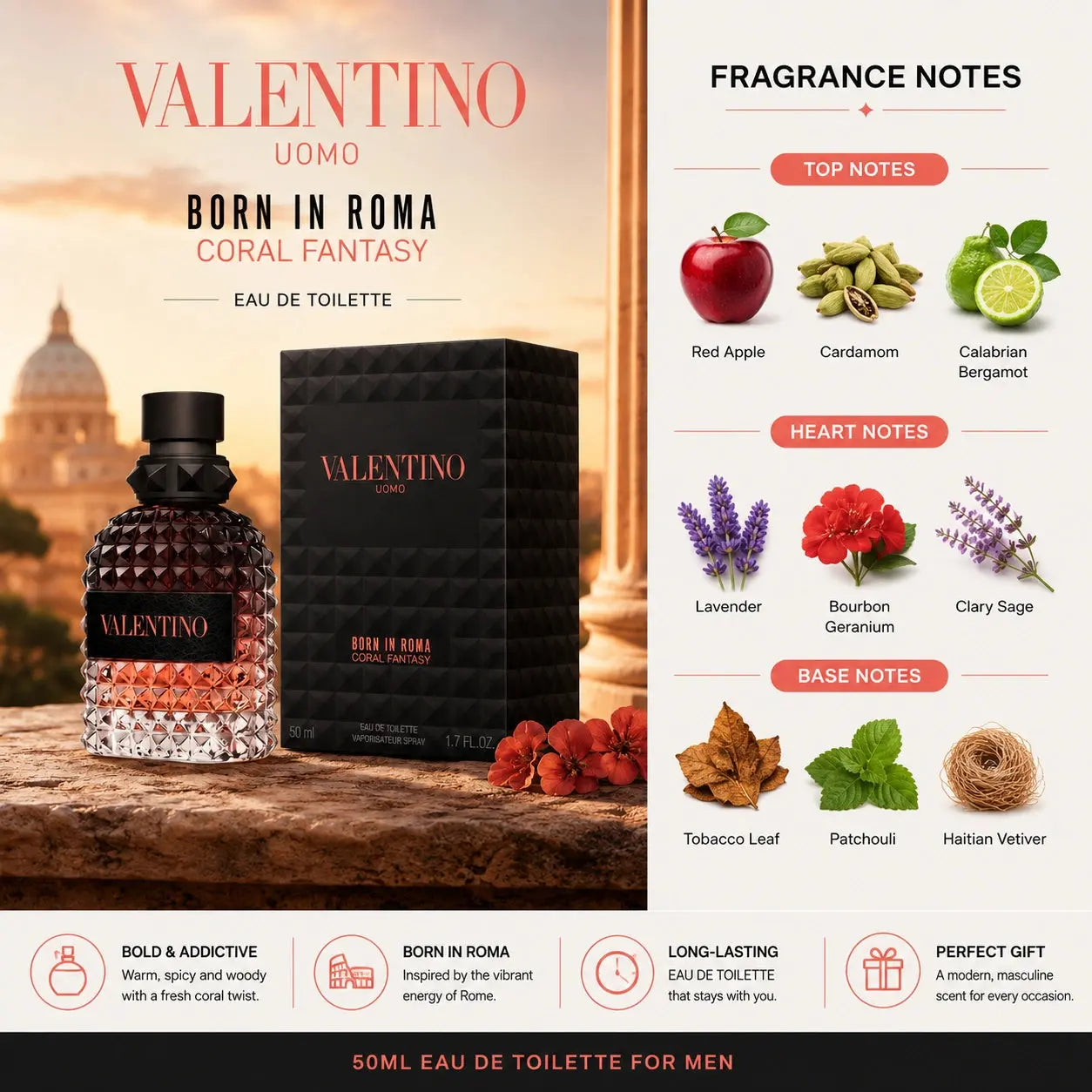 Valentino Uomo Born in Roma Coral Fantasy perfume bottle and packaging with fragrance notes on a scenic background.