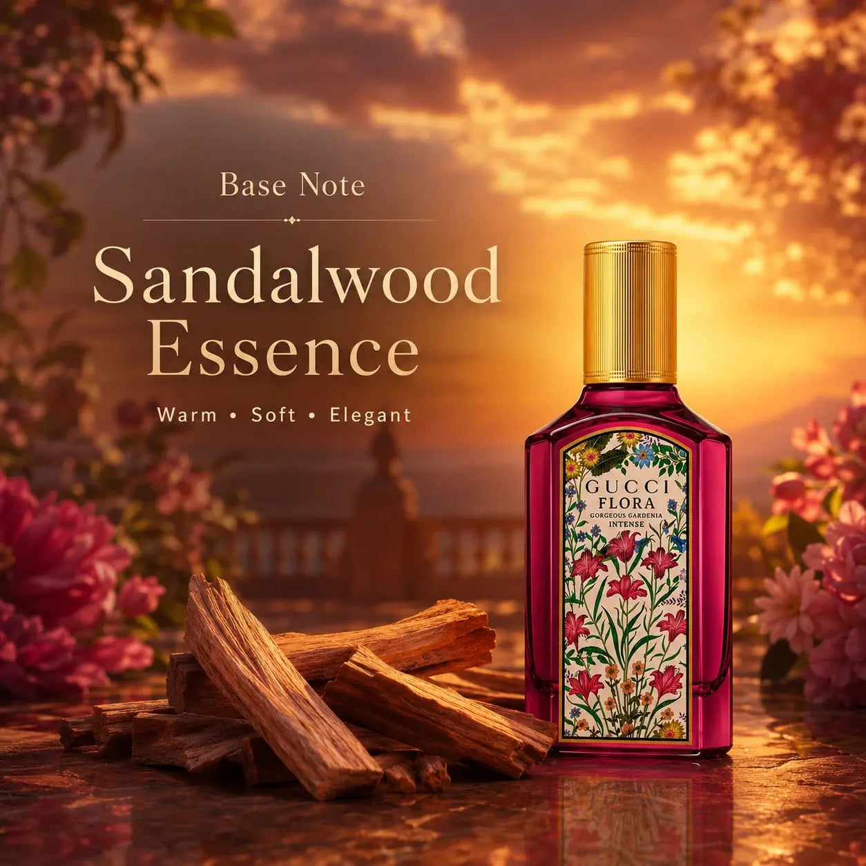 Gucci Flora Gorgeous Gardenia Intense EDP 50ml base note image showing Sandalwood Essence at Gadgets Online NZ
