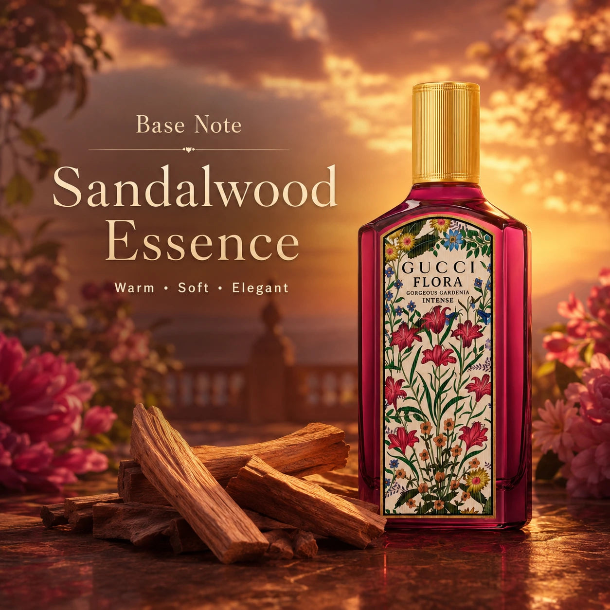 Gucci Flora Gorgeous Gardenia Intense EDP 100ml base note image showing sandalwood essence at Gadgets Online NZ