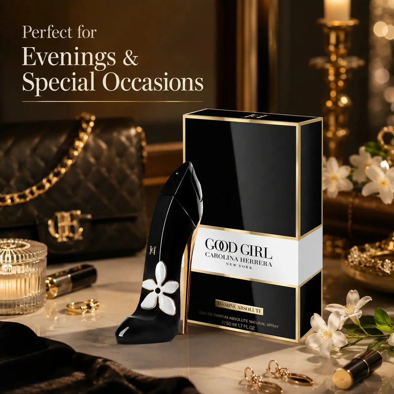Carolina Herrera Good Girl Jasmine Absolute EDP 50ml lifestyle image for evenings and special occasions at Gadgets Online NZ