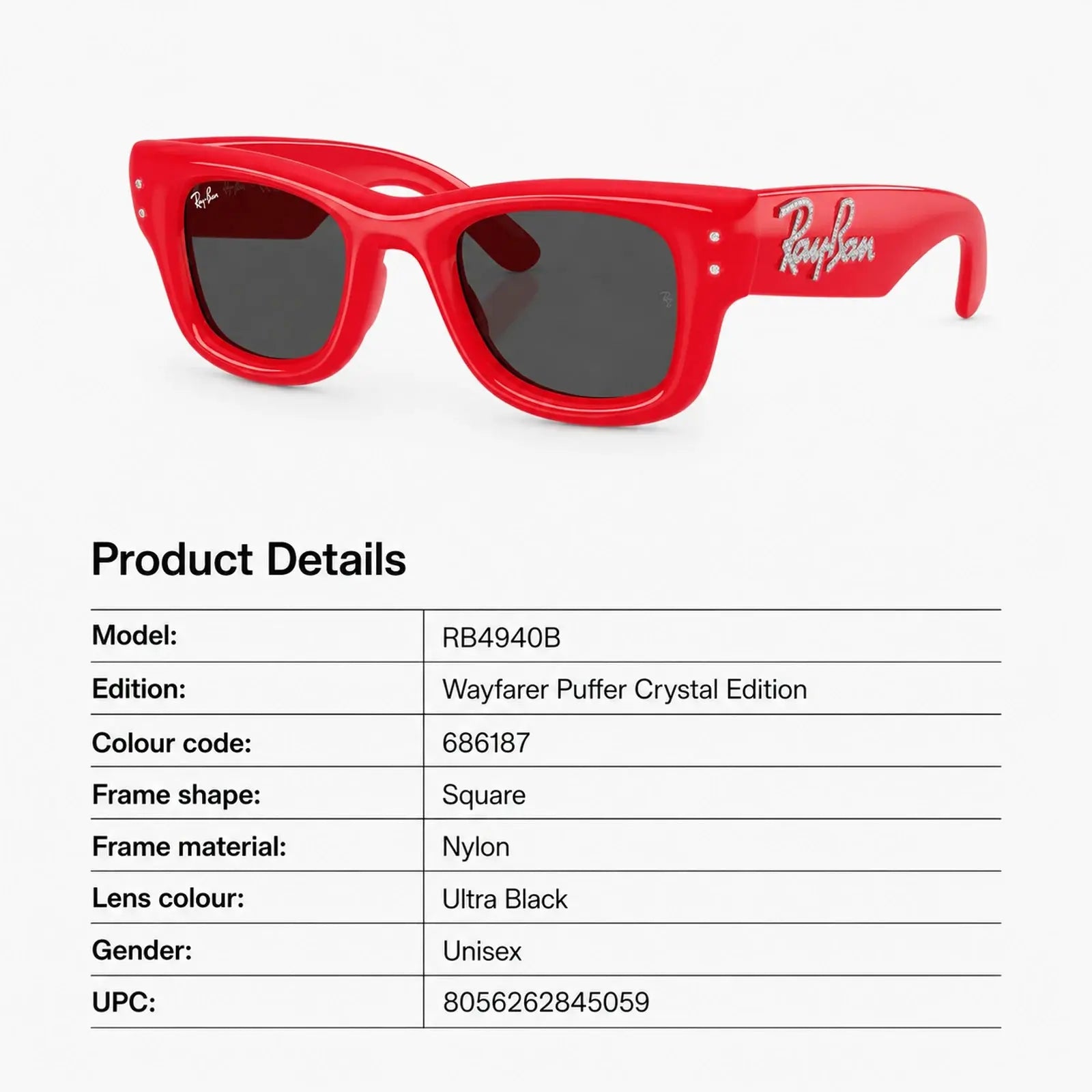 Red Ray-Ban sunglasses with product details on a white background