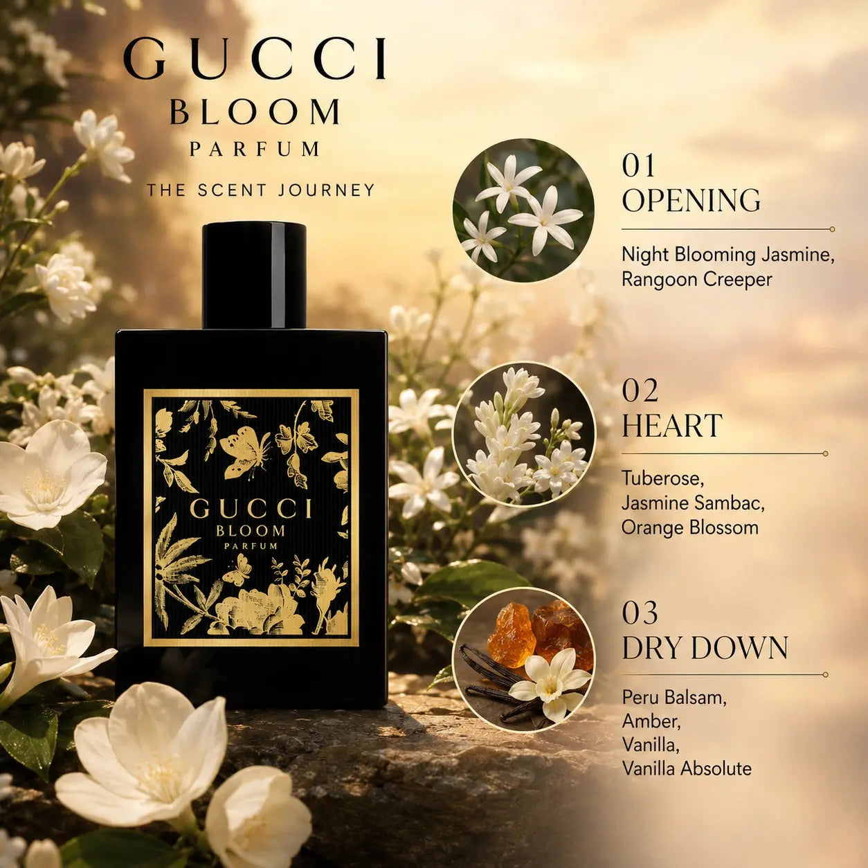 Gucci Bloom Parfum 100ml scent journey infographic showing opening, heart and dry down notes at Gadgets Online NZ