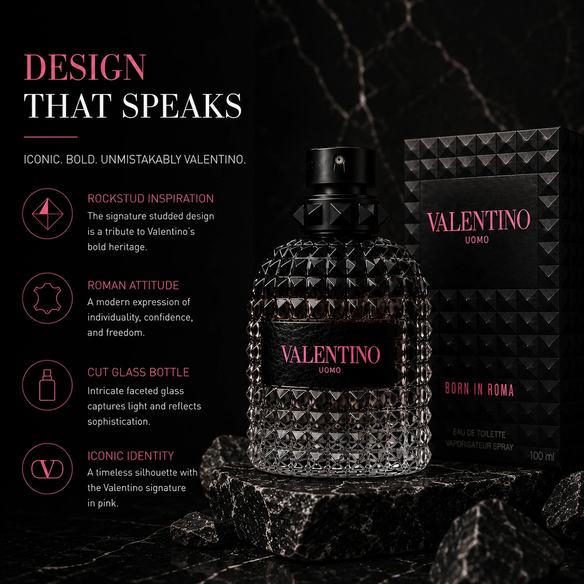 Valentino Uomo Born In Roma EDT Men bottle design details image at Gadgets Online NZ