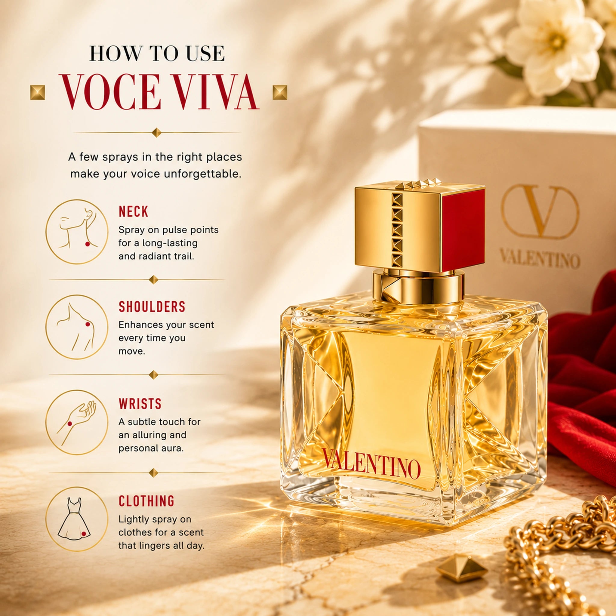 Valentino Voce Viva 50ml EDP Women how to wear fragrance guide image at Gadgets Online NZ