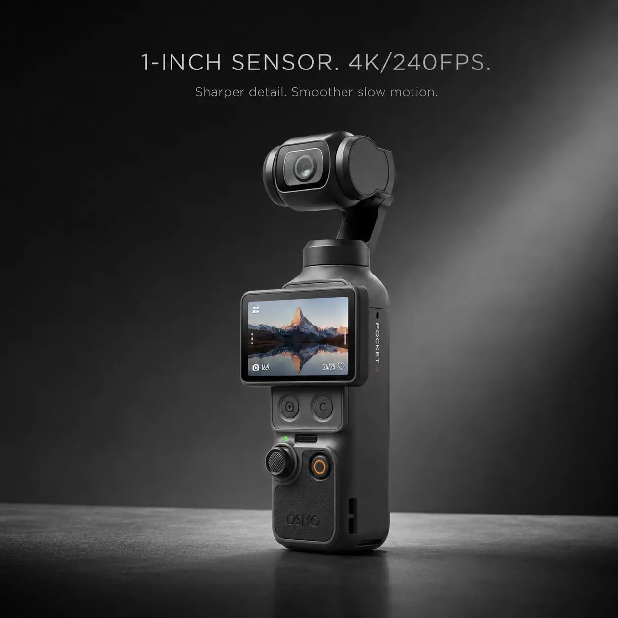 DJI Osmo Pocket 4 hero product image in a sleek cinematic advertising style with minimal text