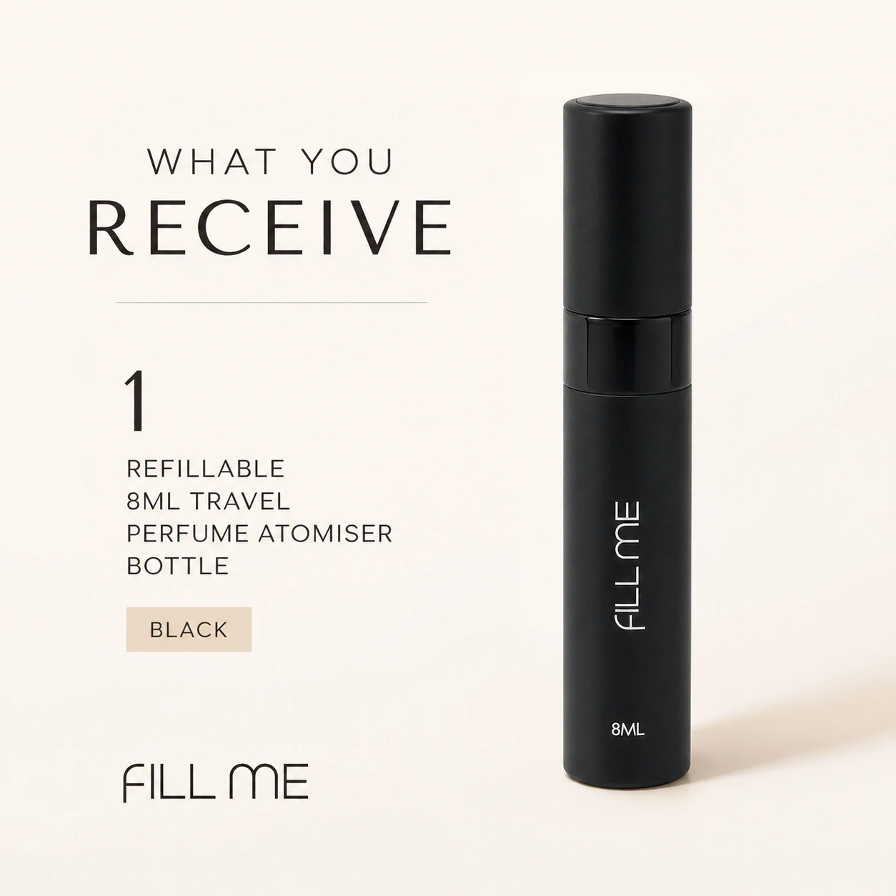 Fill Me refillable 8ml travel perfume atomiser bottle black dimensions infographic showing height 94mm, body diameter 21.5mm, 8ml capacity, and round shape.
