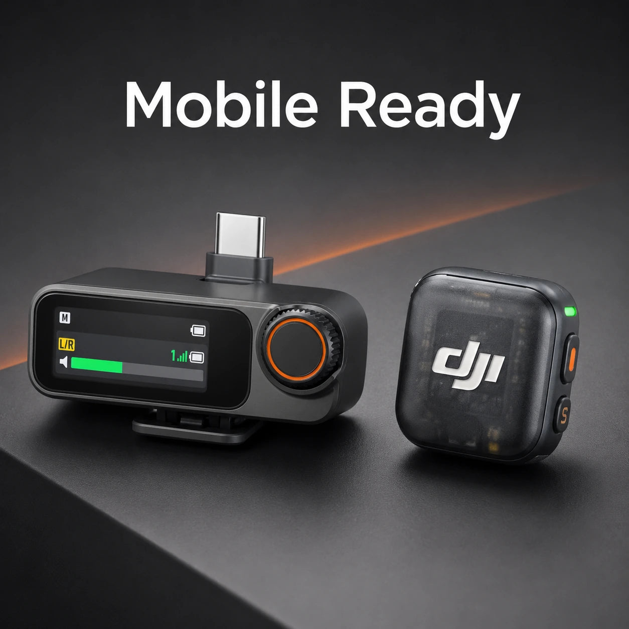 Two electronic devices on a dark background with 'DJI' branding and 'Mobile Ready' text.