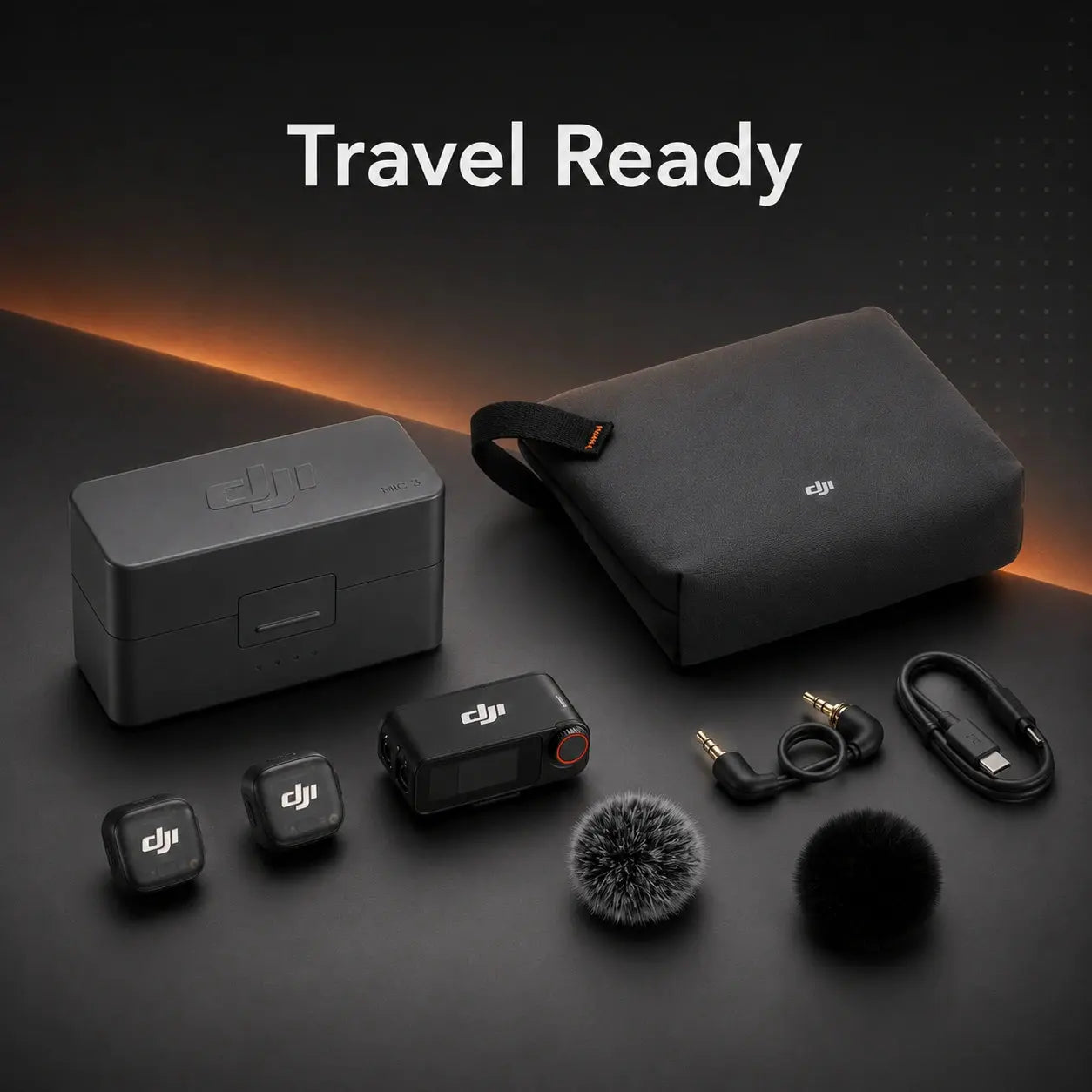 Collection of DJI travel accessories on a dark surface with 'Travel Ready' text.
