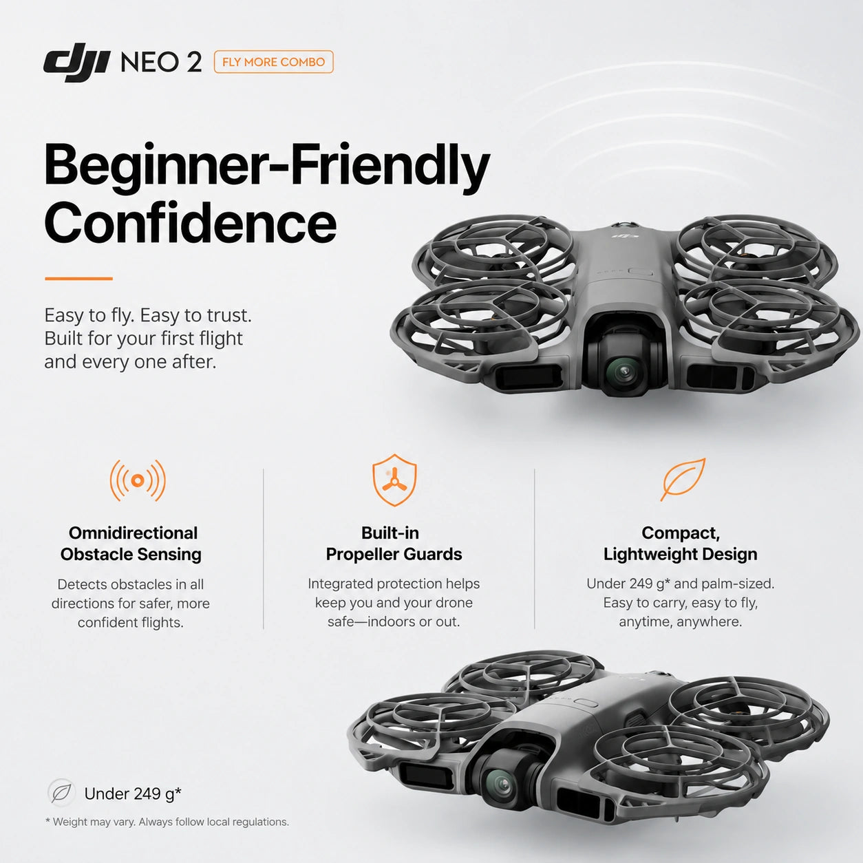 DJI Neo 2 beginner friendly compact drone with omnidirectional obstacle sensing and built-in propeller guards