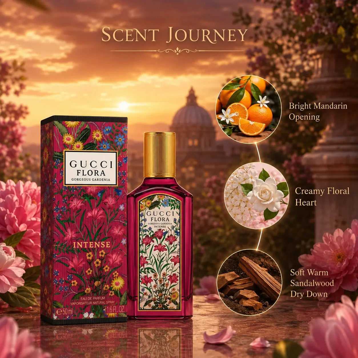 Gucci Flora Gorgeous Gardenia Intense EDP 50ml scent journey image showing bright mandarin opening creamy floral heart and soft warm sandalwood dry down at Gadgets Online NZ