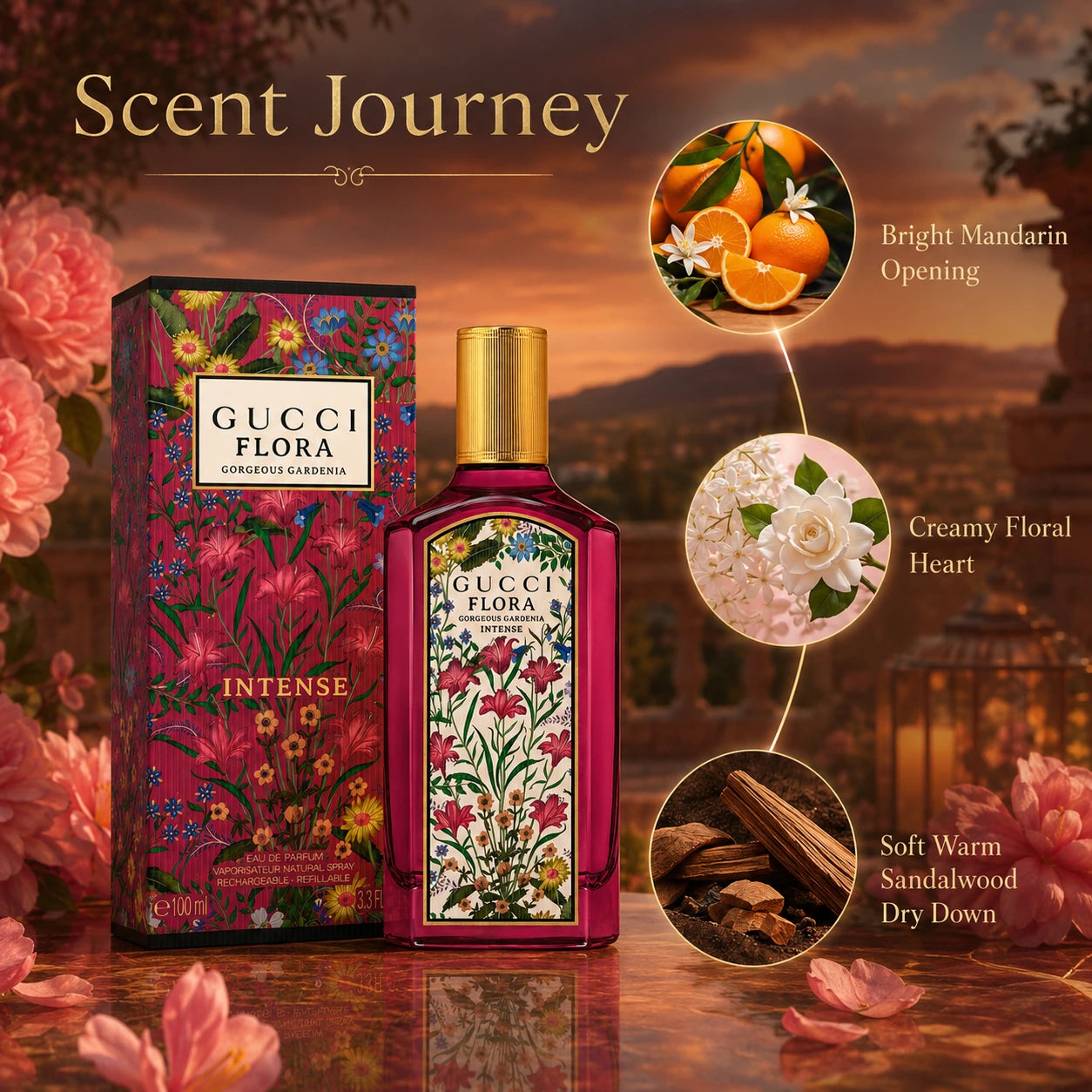 Gucci Flora Gorgeous Gardenia Intense EDP 100ml scent journey image showing bright mandarin opening creamy floral heart and soft warm sandalwood dry down at Gadgets Online NZ