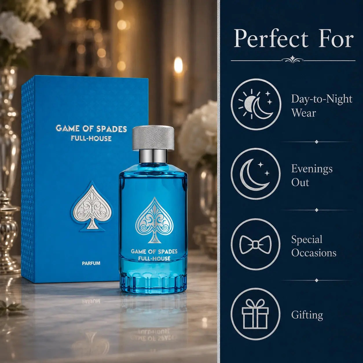 Jo Milano Game Of Spades Full House 100ml EDP perfect for image showing day to night wear evenings out special occasions and gifting at Gadgets Online NZ