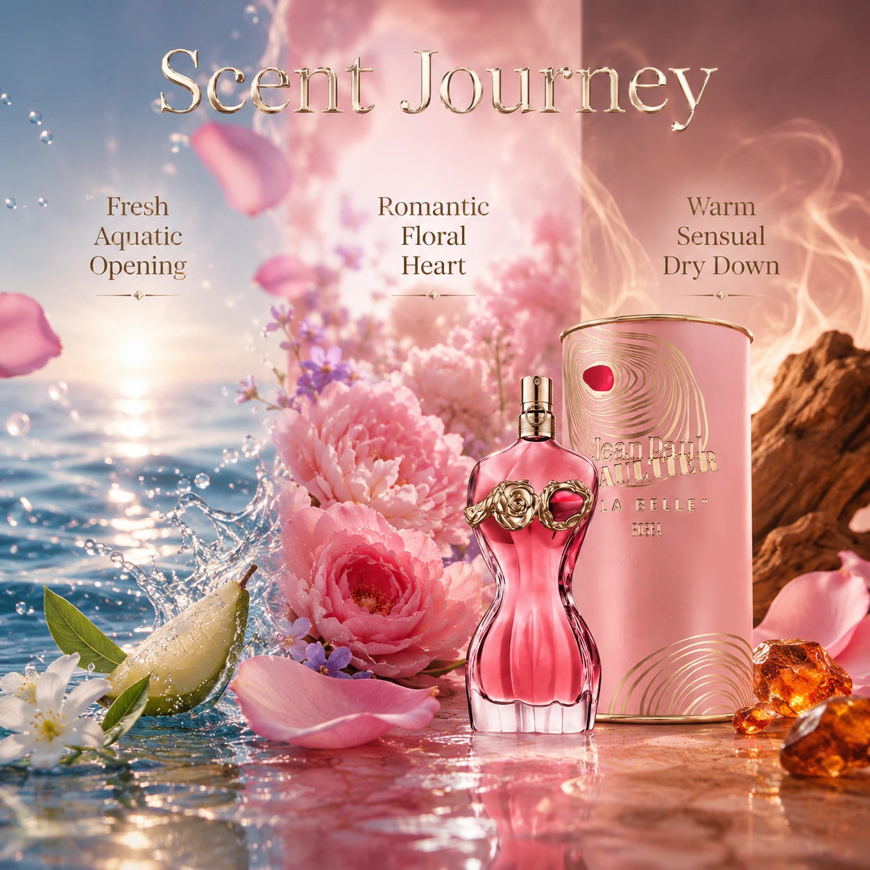 Jean Paul Gaultier La Belle Rosea EDP 100ml scent journey image showing fresh aquatic opening romantic floral heart and warm sensual dry down at Gadgets Online NZ