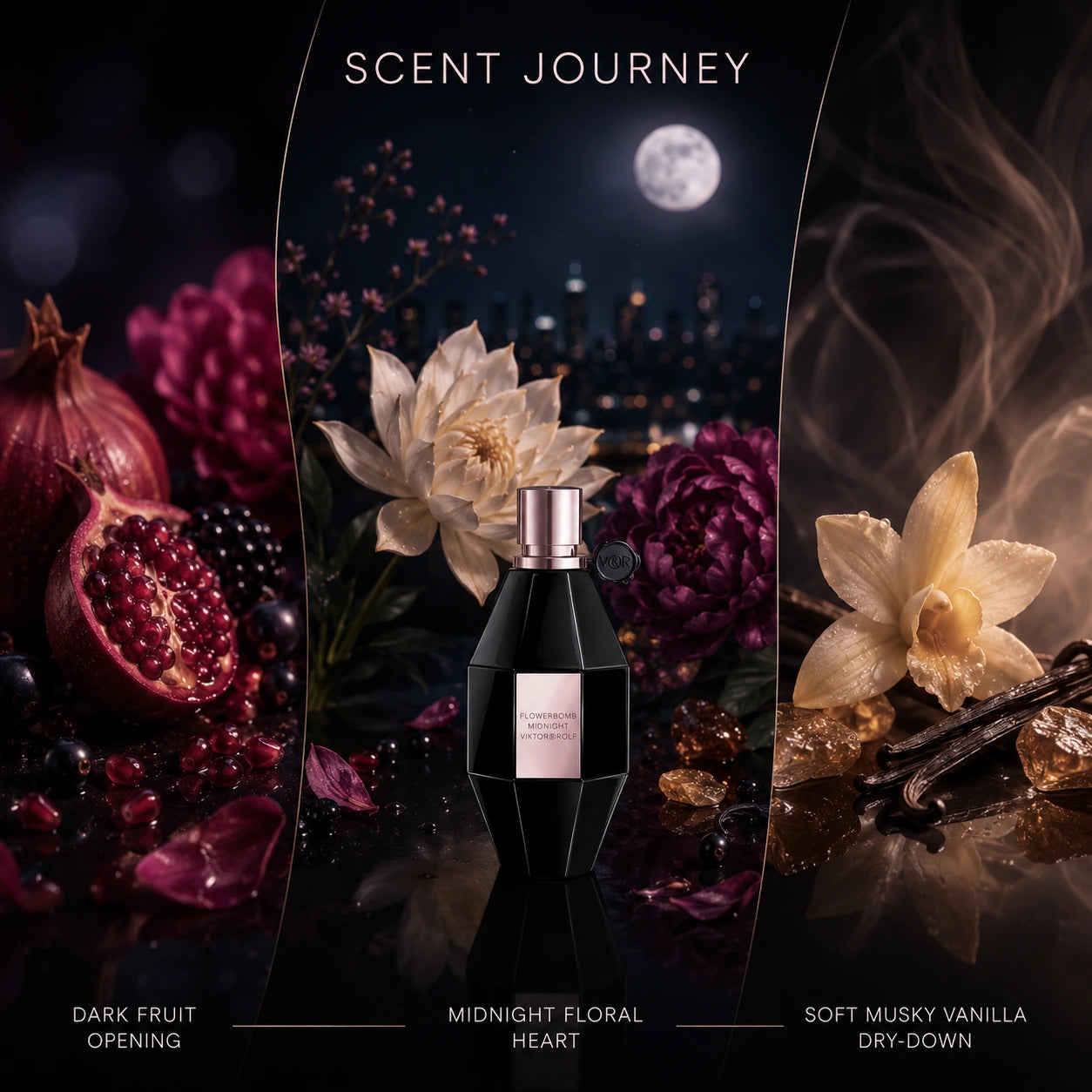 Viktor & Rolf Flowerbomb Midnight EDP 100ml scent journey image from dark fruit opening to midnight floral heart and soft musky vanilla dry-down
