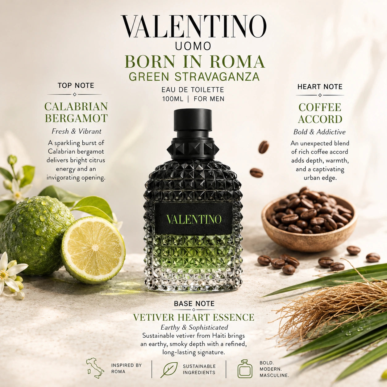 alentino Uomo Born In Roma Green Stravaganza EDT scent journey infographic showing bergamot, coffee accord and vetiver heart essence at Gadgets Online NZ