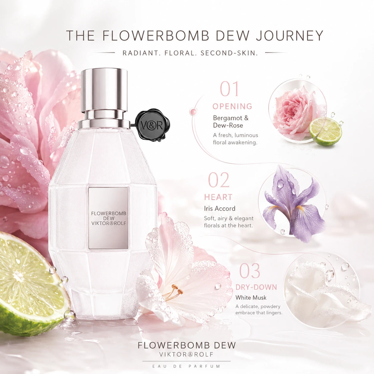 Viktor & Rolf Flowerbomb Dew EDP 50ml scent journey image showing the perfume from fresh opening to soft floral finish