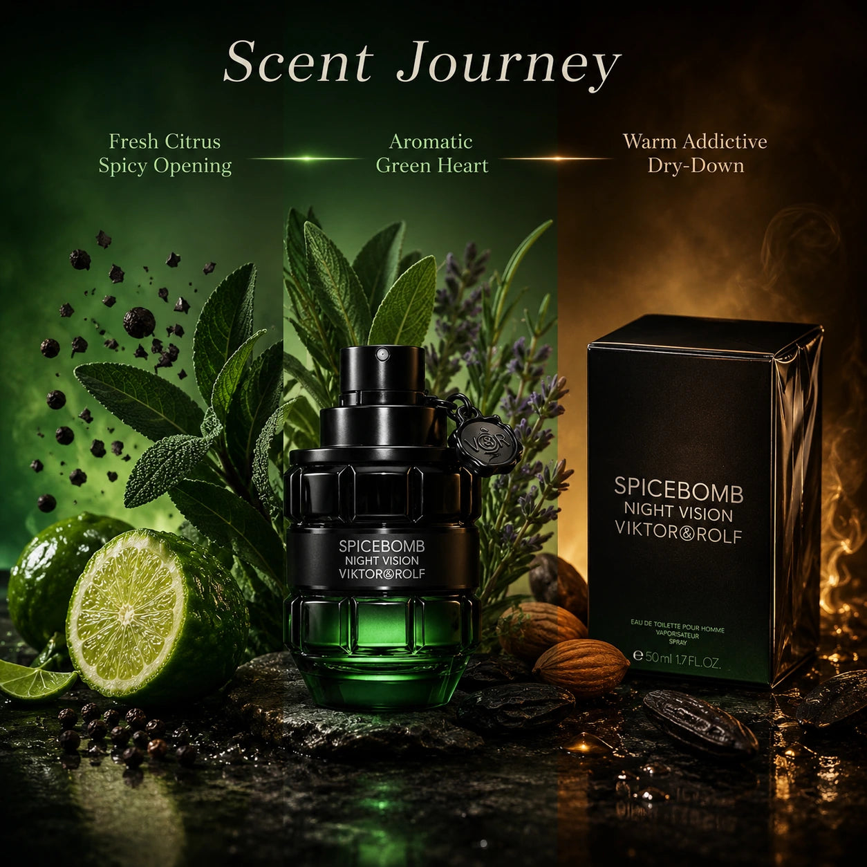 Viktor & Rolf Spicebomb Night Vision EDT 50ml scent journey image showing fresh citrus spice opening, aromatic green heart and warm addictive dry-down.