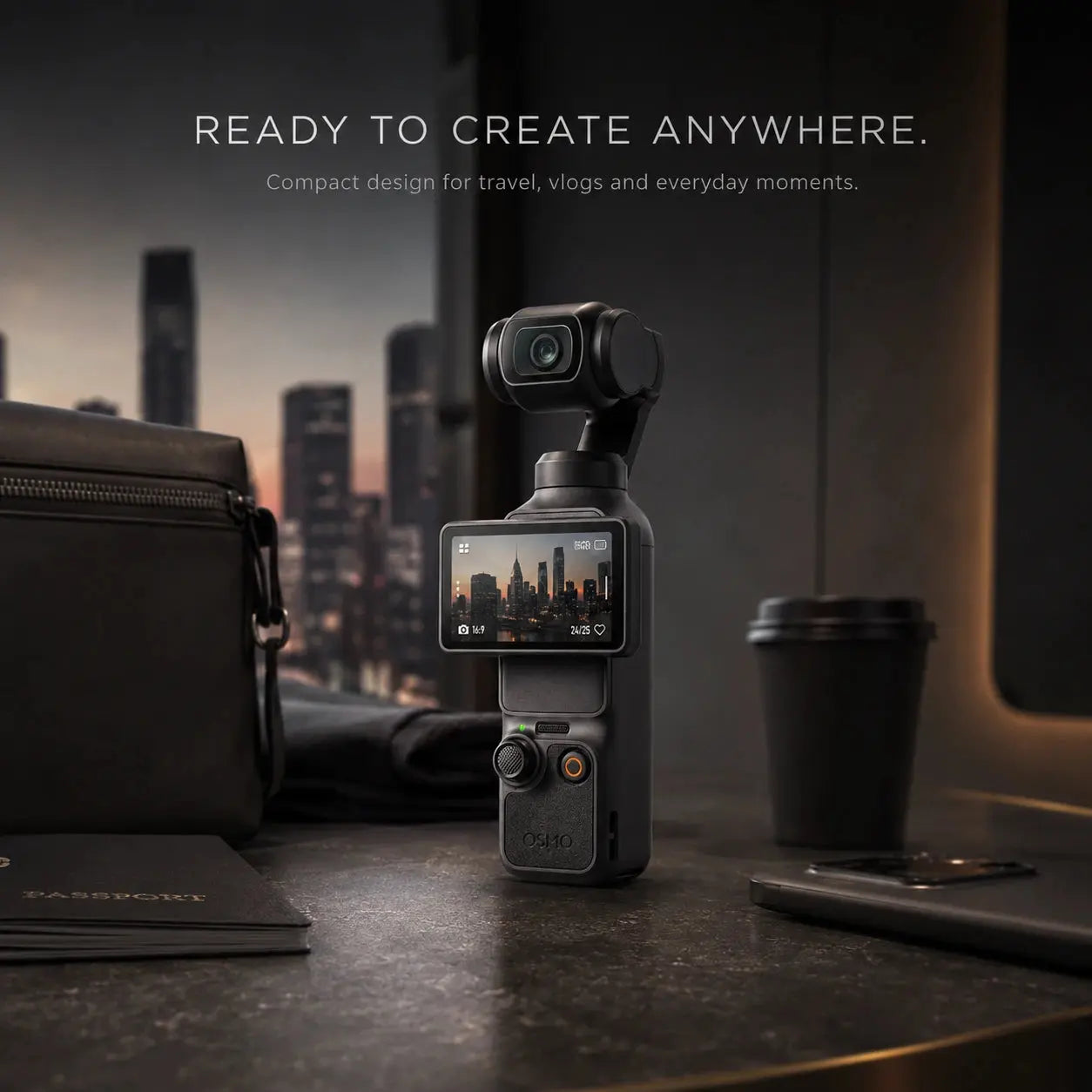 Compact camera on a table with a cityscape background and text 'Ready to create anywhere'.